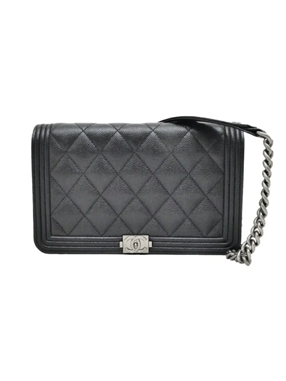 Chanel Boy Chain Wallet Shoulder Bag Caviar Leather Black Silver